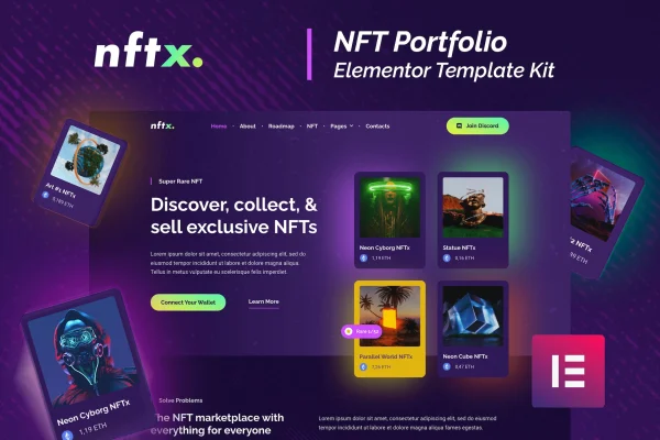 NFTx NFT portfolio Elementor template kit cover image