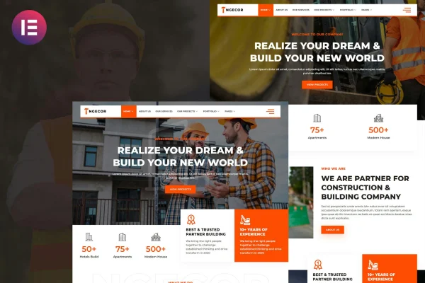 Ngecor construction and building company Elementor template kit preview