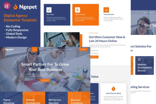 Ngepet creative agency Elementor template kit preview showing website page layouts