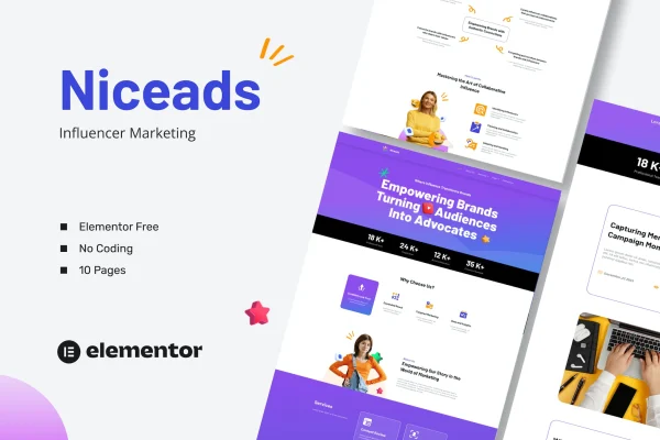 Niceads influencer marketing Elementor template kit cover showing agency website page designs