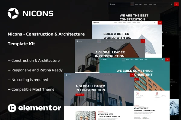 Nicons construction and architecture Elementor template kit preview