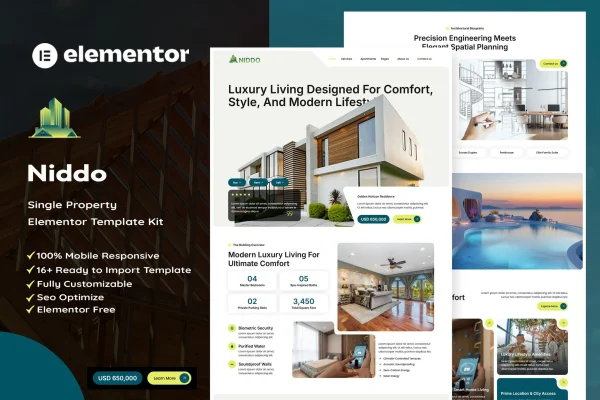 Niddo single property Elementor template kit preview