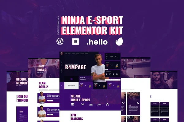 Ninja esports and gaming Elementor template kit preview in purple and pink