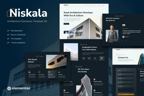 Niskala architecture Elementor template kit preview with modern page layouts