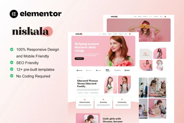 Niskala feminine business Elementor template kit preview showing page layouts