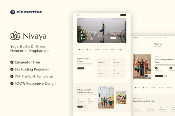 Nivaya yoga studio and fitness Elementor template kit preview
