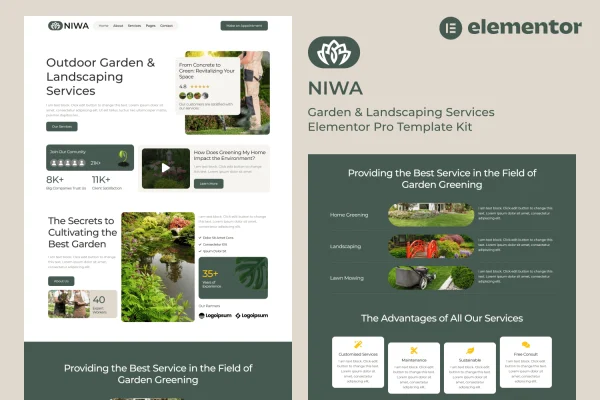 Niwa garden and landscaping Elementor Pro template kit preview