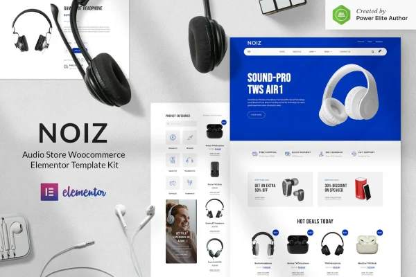 Noiz audio store Elementor template kit preview with headphone and speaker product pages