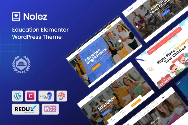 Nolez education Elementor WordPress theme preview showing school website pages