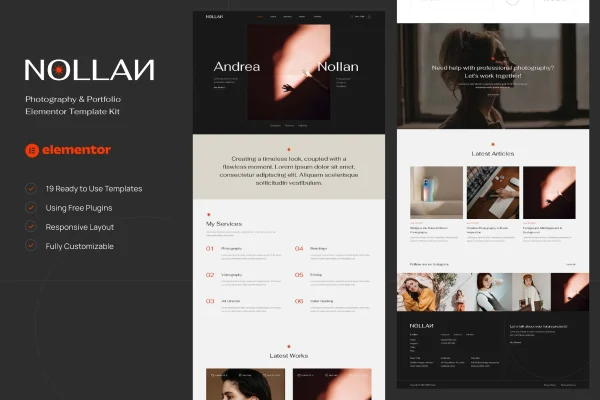 Nollan photography and portfolio Elementor template kit preview