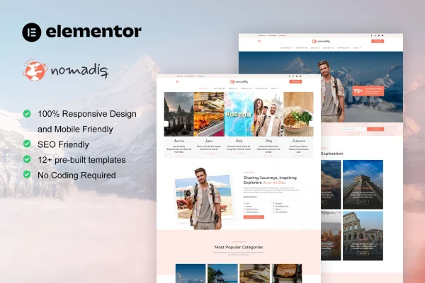 Nomadiq travel blog and magazine Elementor template kit preview