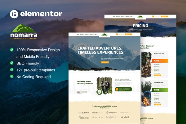 Nomarra outdoor adventure and camping Elementor template kit preview