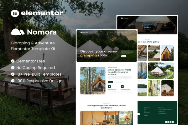 Nomora glamping and adventure Elementor template kit preview