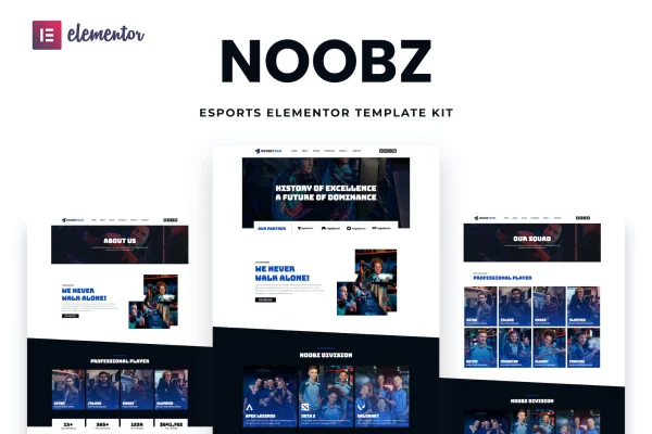 Noobz e-sports Elementor template kit preview with gaming team page layouts