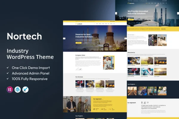 Nortech industry WordPress theme preview with business homepage layout