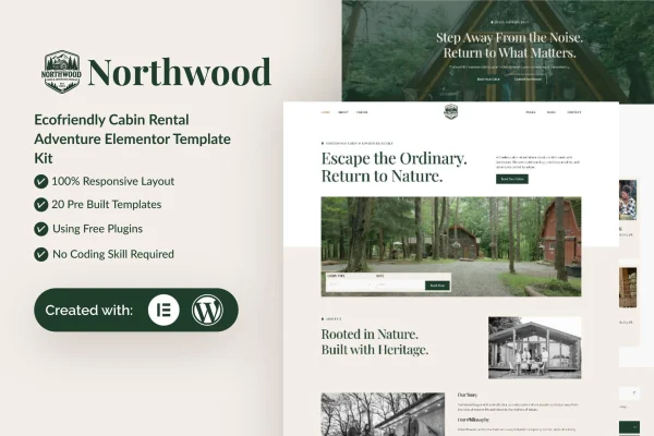 Northwood eco-friendly cabin rental Elementor template kit cover image