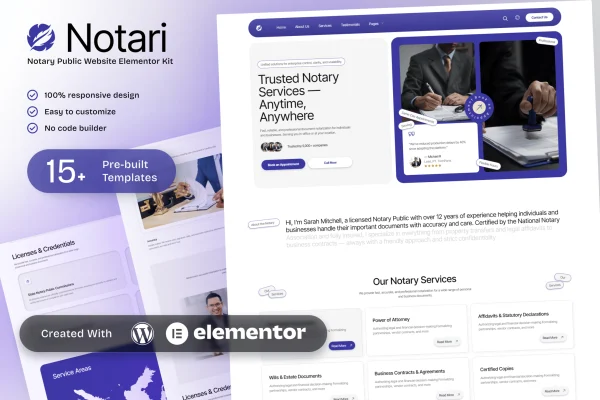 Notario notary public Elementor template kit cover preview