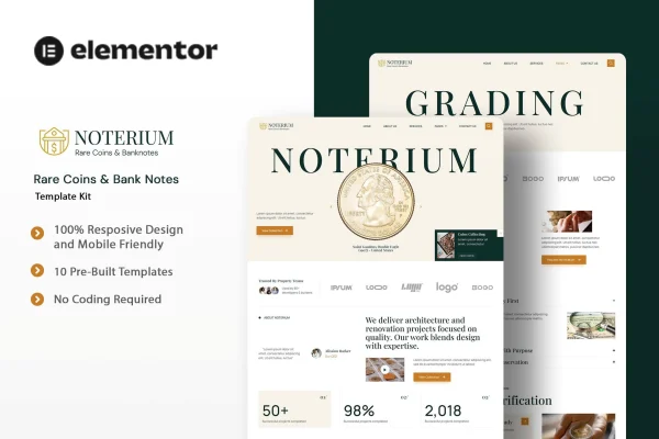 Noterium Elementor template kit preview for a rare coins and banknotes website