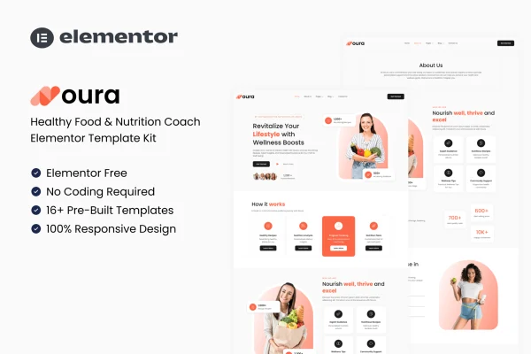 Noura healthy food and nutrition coach Elementor template kit preview