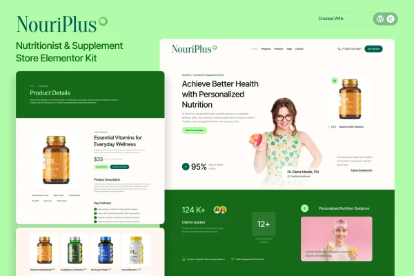 NouriPlus nutritionist and supplement store Elementor template kit preview