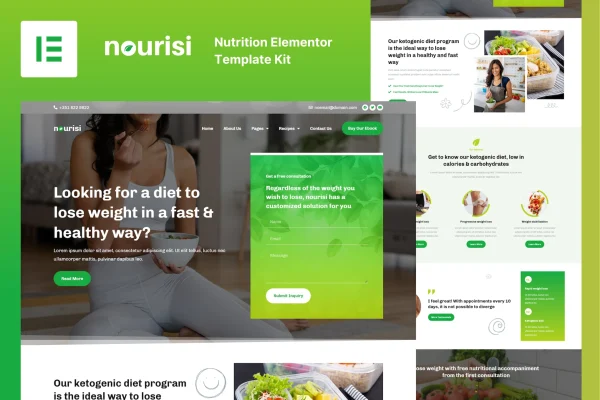 Nourisi nutrition Elementor template kit preview with healthy food website pages