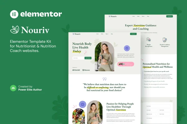 Nouriv nutrition coach Elementor template kit preview showing website page layouts