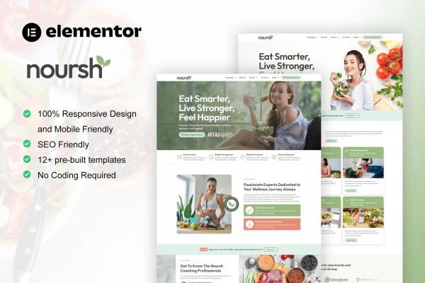 Noursh healthy food and nutrition Elementor Pro template kit preview