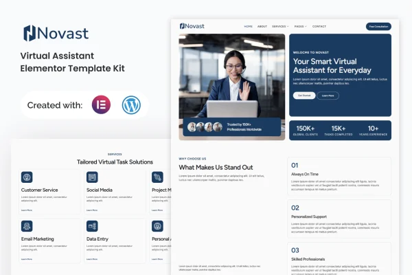 Novast virtual assistant Elementor template kit preview