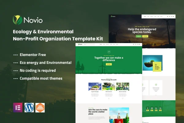 Novio ecology and environmental non-profit Elementor template kit preview