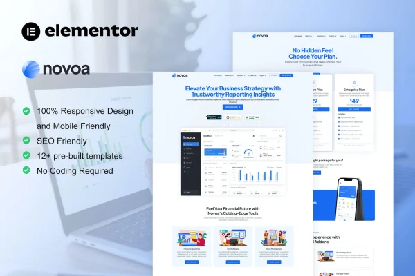 Novoa SaaS and finance software Elementor template kit preview