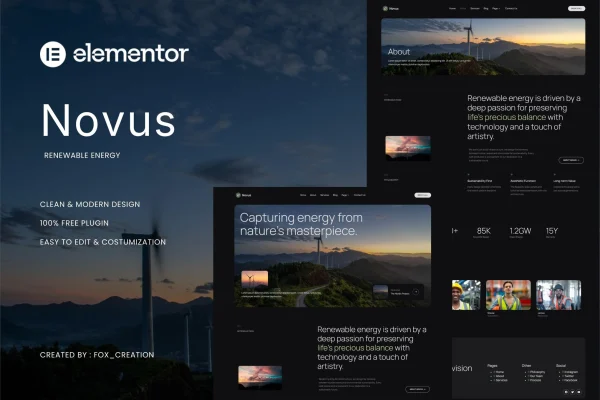 Novus renewable energy Elementor template kit cover with green, nature-inspired page designs