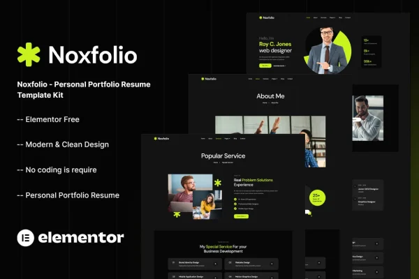 Noxfolio personal portfolio and resume Elementor template kit preview