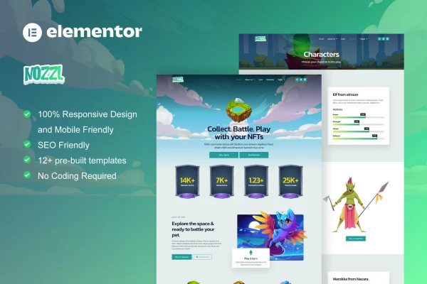 Nozzle Game NFT Elementor Pro template kit cover showing gaming website layouts