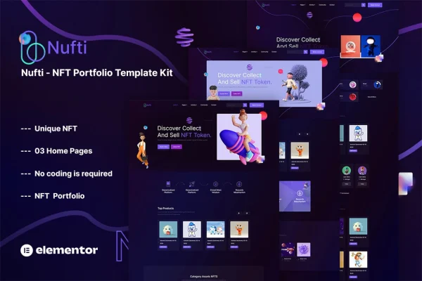 Nufti NFT Collections Elementor template kit cover showing marketplace page designs