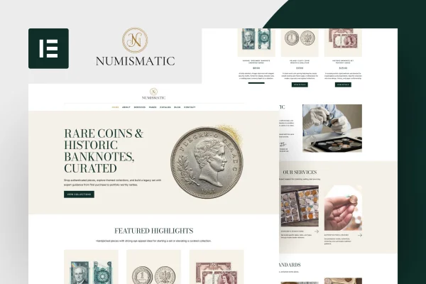 Numismatic Elementor template kit preview with rare coin and banknote gallery pages