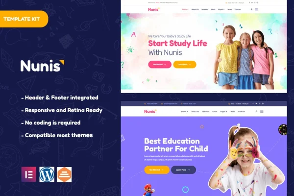 Nunis kindergarten Elementor template kit preview with colorful, child-friendly page layouts