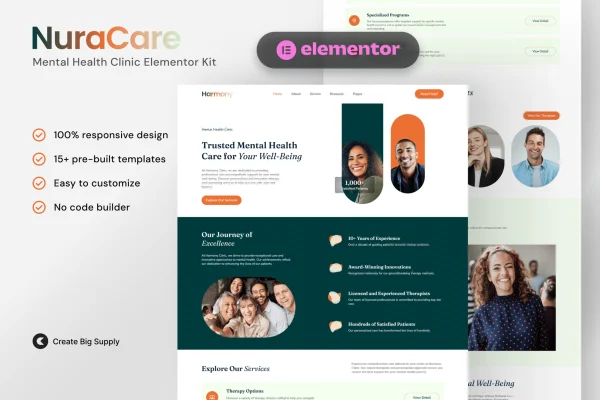 NuraCare mental health clinic Elementor template kit preview with calm, soft-colored page layouts
