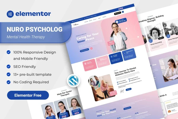 Nuro mental health therapy Elementor template kit preview