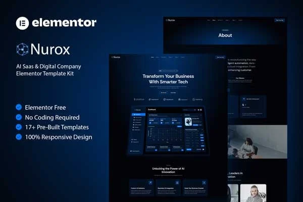 Nurox Elementor template kit preview for AI and SaaS company websites