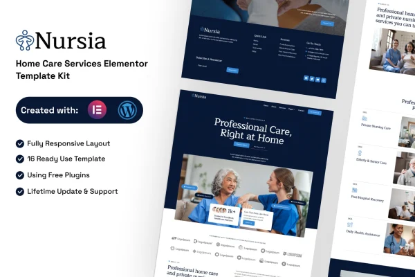 Nursia home care services Elementor template kit preview