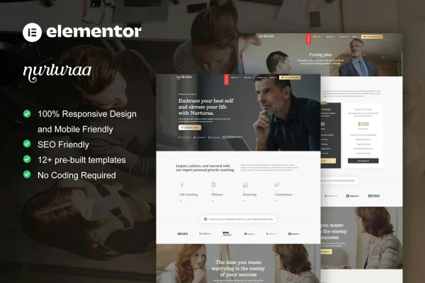 Nurturaa life coach Elementor Pro template kit preview with motivational page layouts
