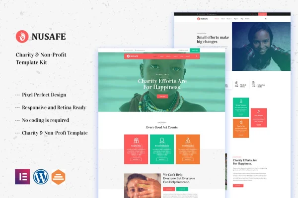 Nusafe charity and non-profit Elementor template kit preview