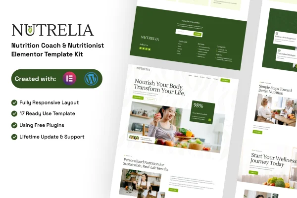Nutrelia nutrition coach Elementor template kit preview