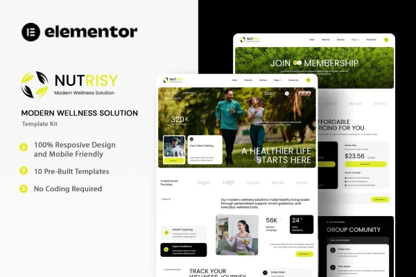 Nutrisy wellness Elementor template kit cover showing modern health website page layouts