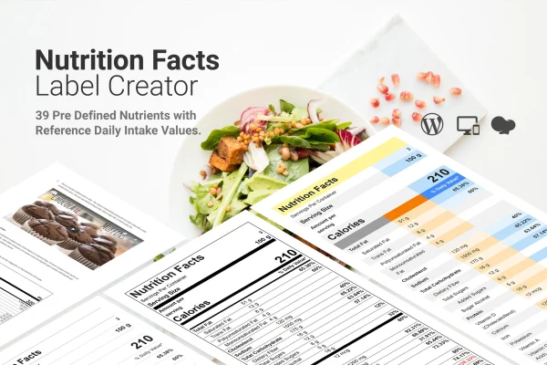 Nutrition Facts Label Creator for WPBakery plugin banner with a sample nutrition label