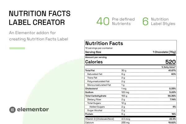 Nutrition Facts Label Creator for Elementor plugin banner with sample nutrition label