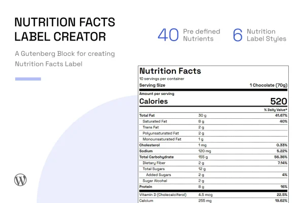 Nutrition Facts Label Creator for Gutenberg plugin banner with a sample nutrition label
