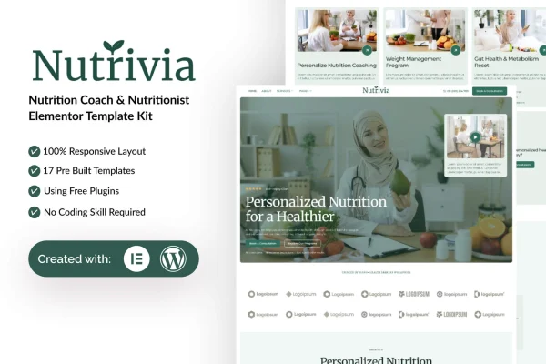 Nutrivia Elementor template kit preview for a nutrition coach website
