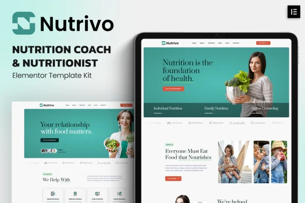 Nutrivo nutrition coach Elementor template kit preview