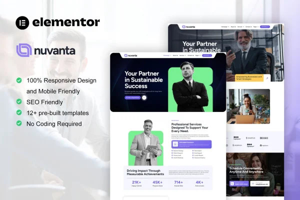 Nuvanta business coach and consulting Elementor Pro template kit preview